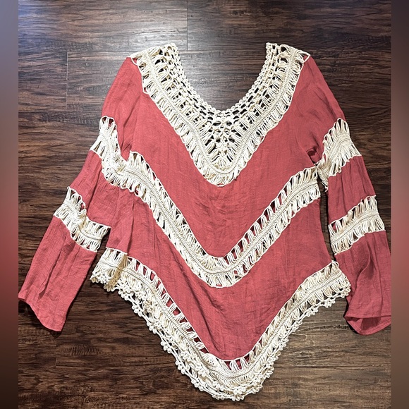 Umgee Boho Tiered Crochet Macrame Popover Long sleeve Tunic. Orange/Tan, Sz LG - Picture 4 of 6